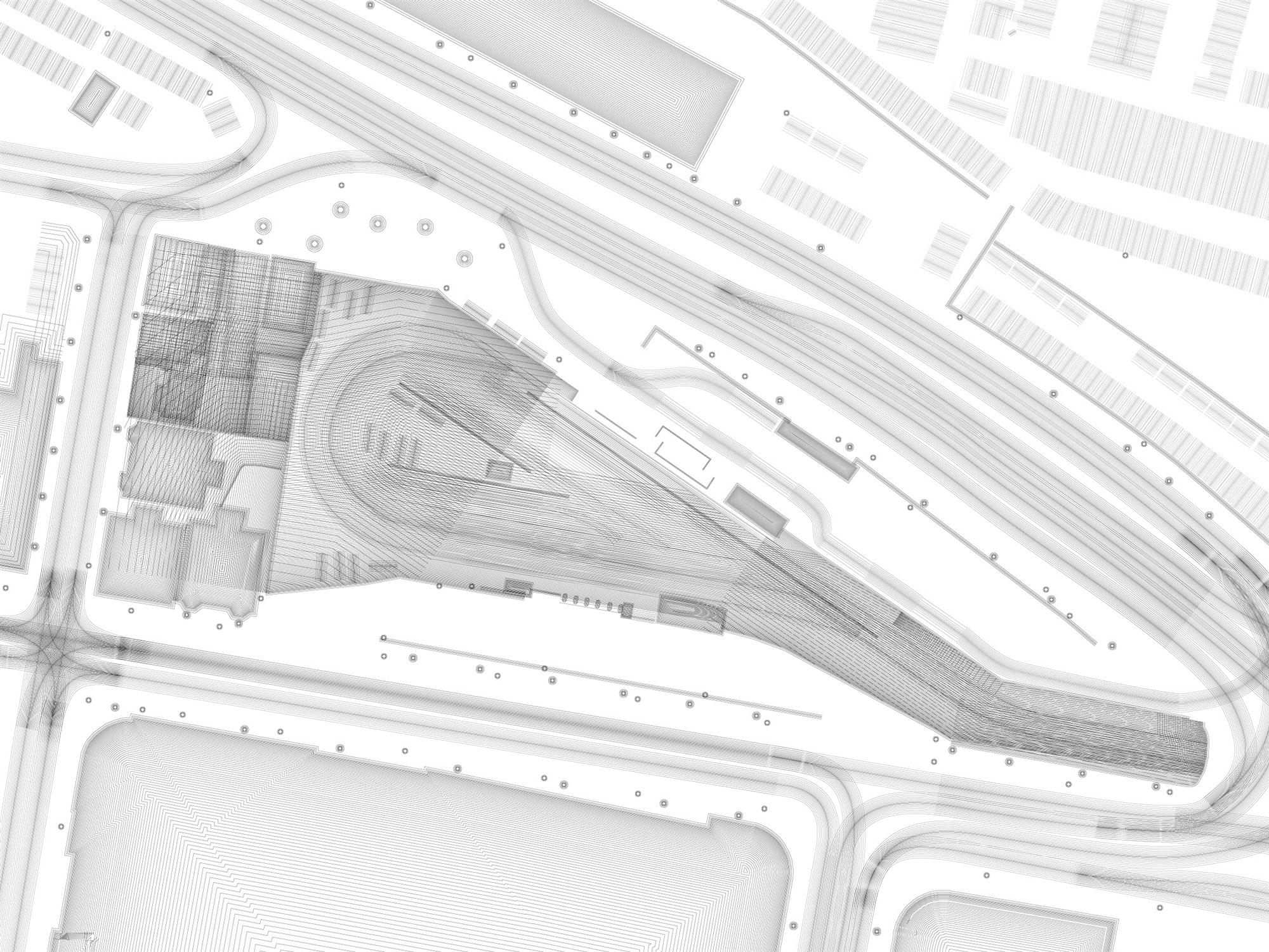 This drawing explores all of the different kinds of barriers on the site: chain-link fences, iron bar fences, wood fences, brick walls, trains, parked cars, etc. The drawing shows the effect of those barriers on where pedestrians can go in the site, using only parallel lines. As the lines cross and overlay they reveal areas which are affected by more barriers and are thus harder to access.