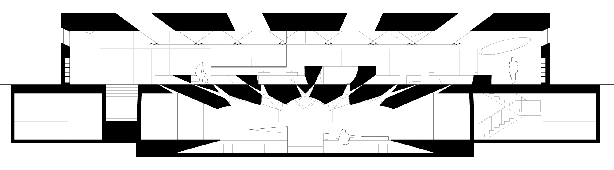 Drawing: Erioseto Hendranata
<br /><br />
42° borrows several motifs from the work of Louis Kahn. The material palette of the library imitates the materials of Kahn’s Exeter Library: the walls are concrete, the floors and furniture are wood, and the featured spaces - at 42° the reading well - are paved in travertine marble. 42° also shares with much of Kahn’s work a focus on primitive geometric figures like the circle. Most notably the circle is a prominent figure in Kahn’s House of Parliament in Bangladesh as well as in the Exeter Library. Finally, while the methods employed differ, the aim of collecting, distributing, and displaying sunlight is a central theme in both 42° and in Kahn’s work.
<br /><br />
The drawn representation continues the relationship by imitating Kahn’s typical drawing style. The drawings are rendered with black poche, clean lineweights, and patterning which describes surface
materials.