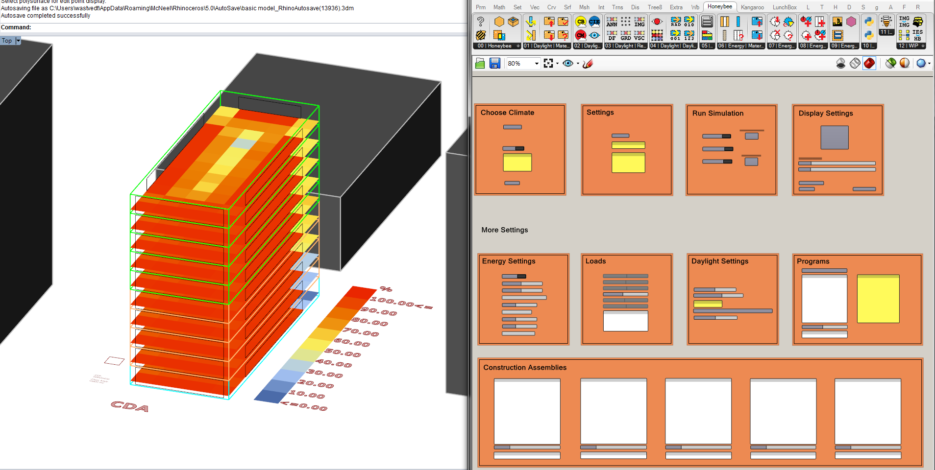 The simplified interface (right) provides the necessary controls to tune the analysis. Layers in the Rhino document translate automatically into different building programs.