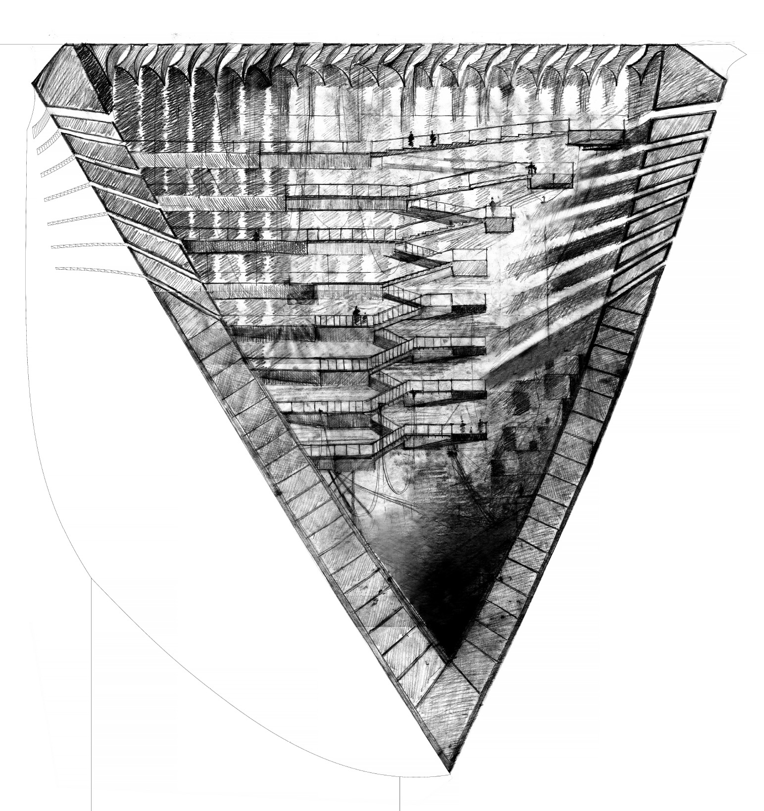 Rendering: Erioseto Hendranata
<br /><br />
The drawn representation of 4° is rendered in the style of Giovanni Battista Piranesi. Piranesi’s Carceri (Prisons) etchings use dramatic lighting to create depth and volume and to accentuate the labyrinthine nature of the architecture. Though the spiral stair in 4° is a simple path, not a maze, the space is a network of stairs and bridges which particularly in section bears a resemblance to Piranesi’s prisons.