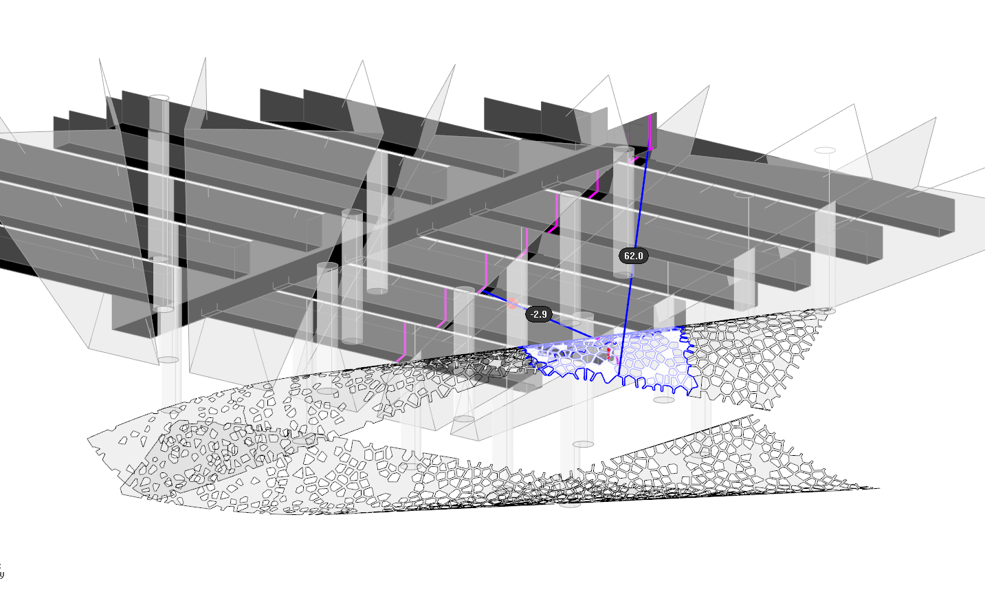 A Grasshopper script facilitates cable placement. The solution space for each panel's attachments are parameterized to allow scrubbing through all possible attachment angles and locations. Here, a conflict with a hanging light fixture is highlighted.