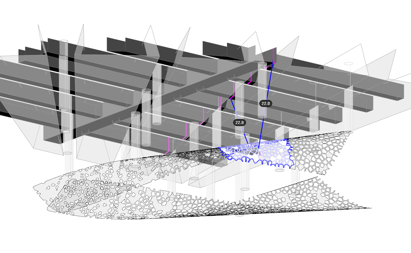 An adjustment of the input parameters gives one possible successful solution. The Grasshopper script reports the distance from the pivot line to the panel's center of gravity as an indication of the stability of the current solution.