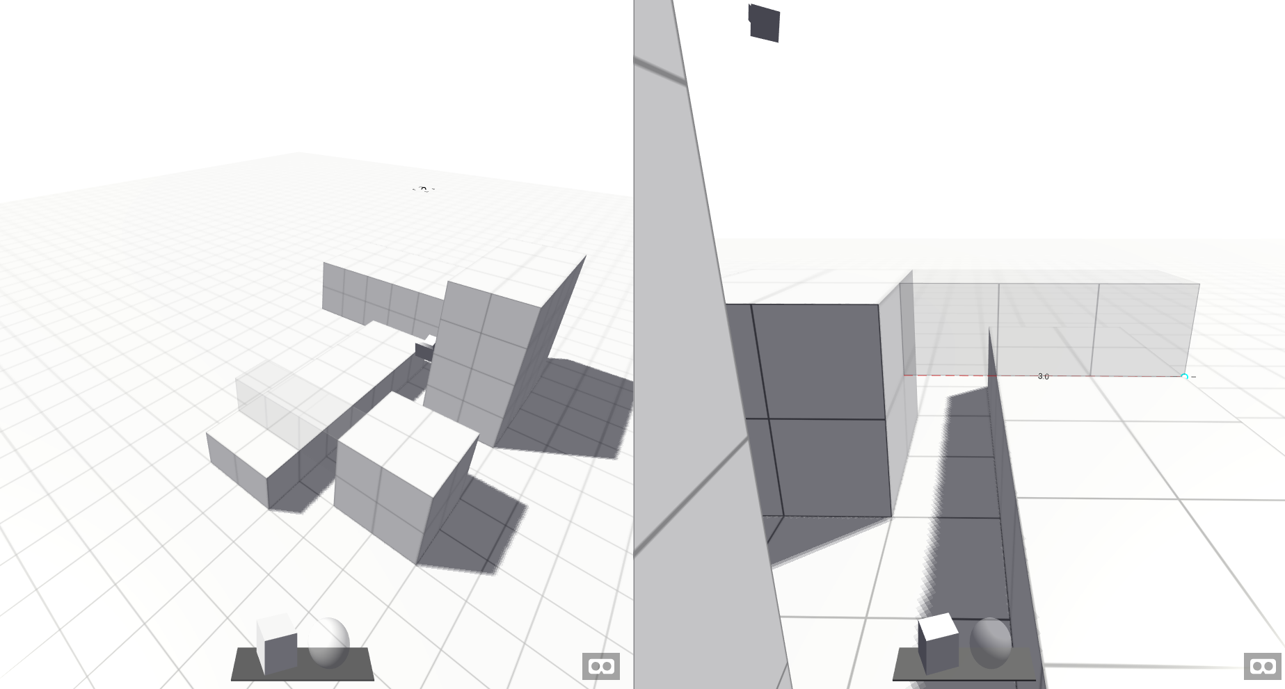 Two clients connected to the same room. The client on the right is creating a new box which is shown as it is being created in the client on the left.